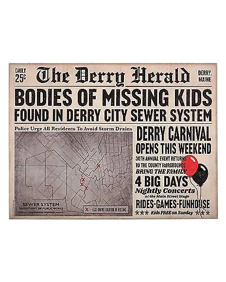 Spirit Halloween Derry Herald Newspaper Sign - It 3 Spirit Halloween Derry Herald Newspaper Sign - It